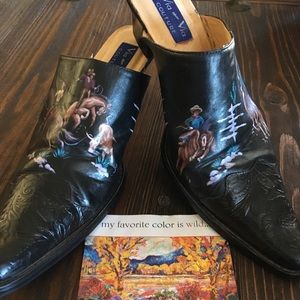 Black Leather Hand Painted Western Mules Couture